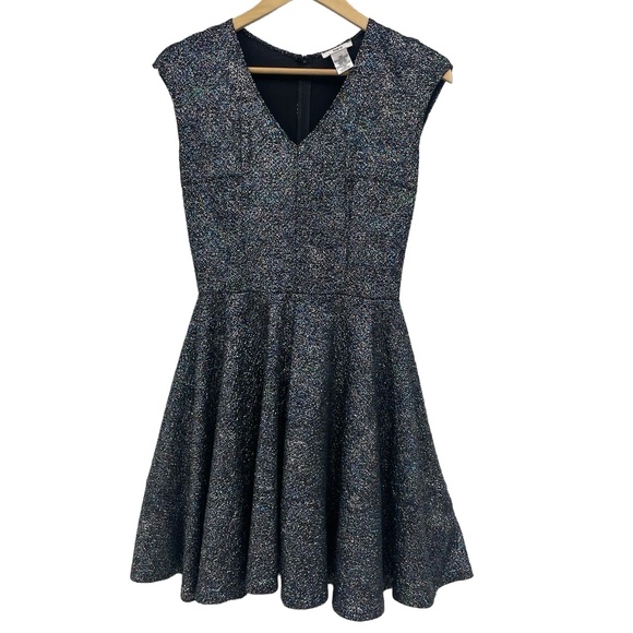 Bar III  Black Metallic Shimmer V Neck Sparkly Stretch Party A Line Dress Petite - Picture 1 of 10